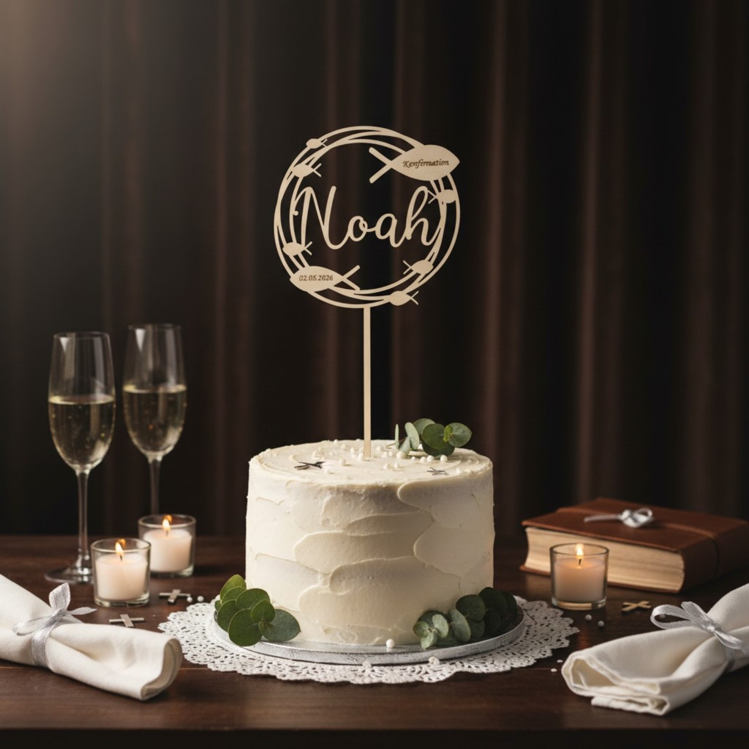 Caketopper aus Birkenholz – personalisiert mit Name, Anlass & Datum – für Taufe, Kommunion, Konfirmation, Firmung